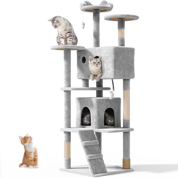 70'' Cat tree Tower for Indoor Cats Large Adult,Cute/Tall Modern Cat Tree for Big Cats 20 lbs,Plush Multi-Level Cat Condo with Scratching Posts,Dangling Ball for fun play(Light Gray, 70 inch)
