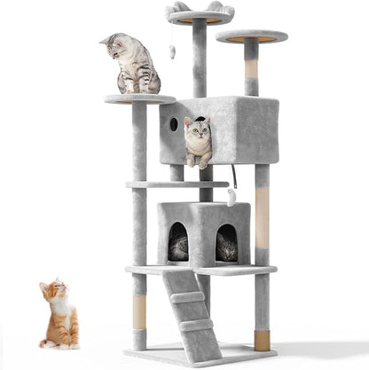 70'' Cat tree Tower for Indoor Cats Large Adult,Cute/Tall Modern Cat Tree for Big Cats 20 lbs,Plush Multi-Level Cat Condo with Scratching Posts,Dangling Ball for fun play(Light Gray, 70 inch)