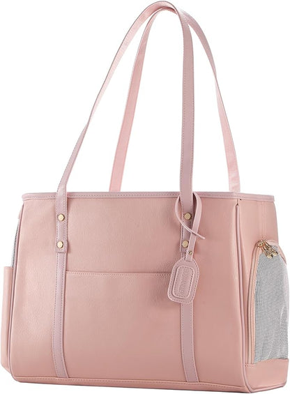 Fashion Dog Carrier Purse, Premium Leather Cat Carrier Bag, Airline Approved Soft Sided Pet Travel Tote Bag with Pockets Pink