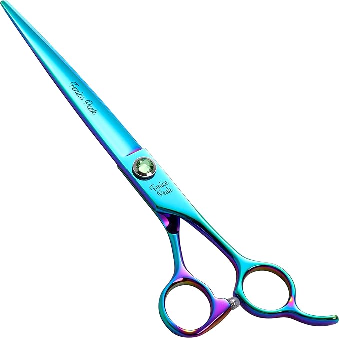 Fenice Peak 7.5'' Green Straight Dog Grooming Scissors Pet Shears with Ergonomic Offest Handle and Simulated Emerald Screw 440C Grooming Scissors Trimming Shears Durable and Sharp