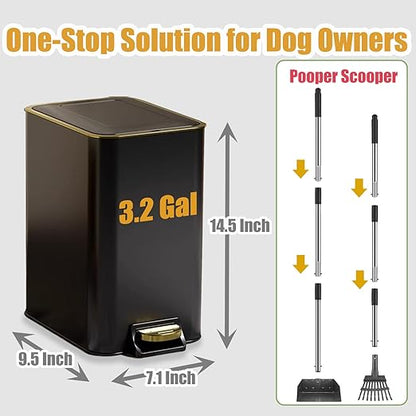 Dog Poop Trash Can Outside Stainless Steel - Metal Pooper Scooper Set - 12L Dog Waste Trash Can Outdoor with Pedal - Backyard, Yard - Removable Inner Bin, Long Handle Tray and Rake - Black and Gold