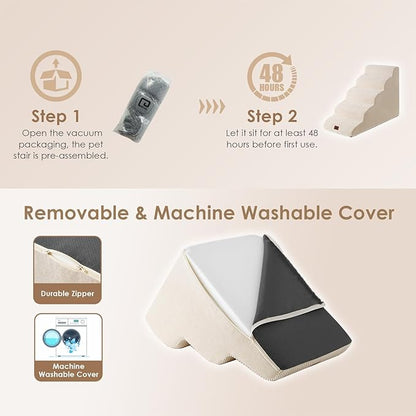 EHEYCIGA Curved Dog Stairs Ramp for High Beds 22.6" H, 5-Step Dog Steps for Small Dogs and Cats, Pet Stairs for High Bed Climbing, Non-Slip Balanced Pet Step Indoor, Beige