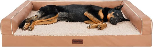 FurHaven Orthopedic Dog Sofa Bed – Memory Foam Couch with Bolsters, Textured Plush & Water-Resistant Cover, Washable Cover, Joint Support - Camel, Jumbo Plus