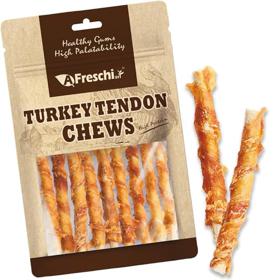 Afreschi Wrapped Turkey Tendon with Brown Rice Stick 3.5 oz, USA-Sourced Turkey Tendon, Dog Treats for Wrapped Series, All Natural Human Grade Dog Treat, Hypoallergenic, Rawhide Alternative