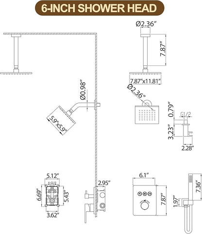12 Inch Rain Shower System, Brushed Gold Shower Faucet Set with Push Button Diverter, 6 Inch Wall Mounted 3-Functions Bathroom Shower Systems with Dual-Function Handheld (Thermostatic, Gold Brushed)