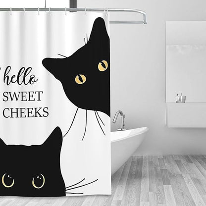 Jakayla Black Cat Shower Curtain - Funny and Cute Bathroom Decor, White, 72x72 Inches With 12 Plastic Hooks