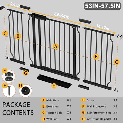 Fairy Baby Extra Wide Baby Gate Black 53-57.5 Inch Wide, Walk Through Pressure Mounted No Drill, Long and Large Tension Gate for Pet and Kids