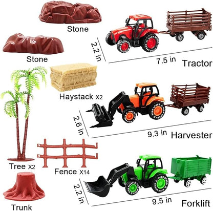 3 Pack Farm Toy Tractor with 40pcs Plastic Animals Figurines and Fence Playset, Farm Figures Farmer Vehicle Toy Truck with Trailer for 3-12 Years Old Kids Boys Girls Toddlers