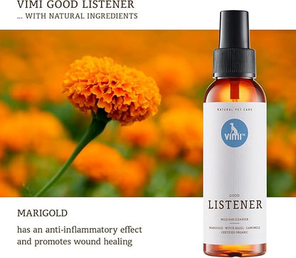 animaux vimi Ear Cleaner Good Listener - Ear Cleaner Spray for Sensitive Dog Ears - Ear Care with Camomile, Calendula & Witch Hazel - for Thorough & mild Cleaning - 3.38 Fl Oz