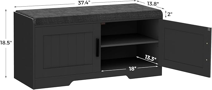 2-Tier Storage Bench, Shoe Bench with Thickened Padded Seat Cushion, Entryway Bench with 2 Doors, Adjustable Shelf, 13.8" D x 37.4" W x 18.5" H, for Entryway, Living Room, Bedroom, Black