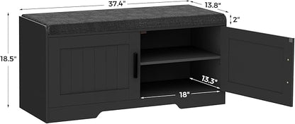 2-Tier Storage Bench, Shoe Bench with Thickened Padded Seat Cushion, Entryway Bench with 2 Doors, Adjustable Shelf, 13.8" D x 37.4" W x 18.5" H, for Entryway, Living Room, Bedroom, Black