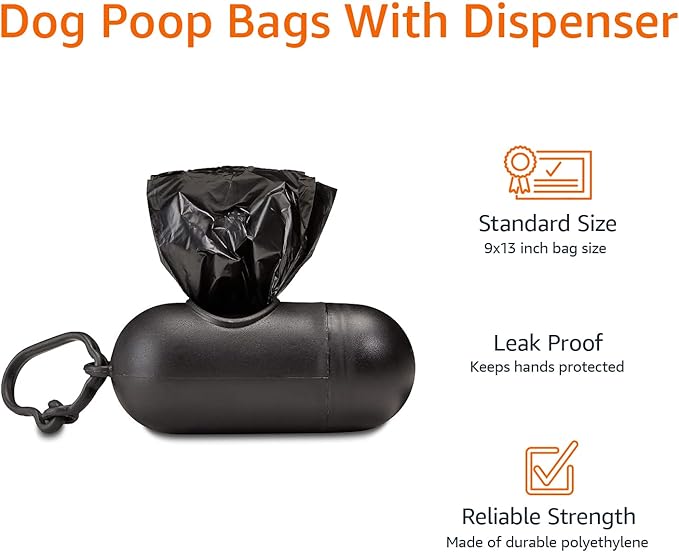 Amazon Basics Dog Poop Bags with Dispenser, 900 Count, Enhanced for Guaranteed Leakproof, Unscented, Includes Leash Clip