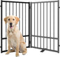 Full Metal Freestanding Dog Gate with Door, 32''Height Foldable Pet Dog Fence for Indoor & Outdoor, 2 Panels Extra Wide Free Standing TallDog Gates for Doorways,House,Stairs,Porch,Deck,Yard