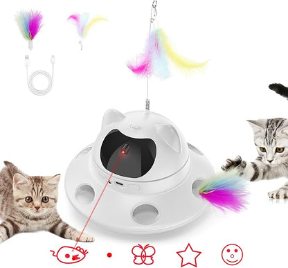 3-in-1 Cat Laser Toy & Interactive Automatic Motion-Activated Kitten Toy – 6 Holes Whack-A-Mole Feather & Moving Ambush Fun – USB Rechargeable, Apply to – Indoor Exercise for Cats of All Breeds