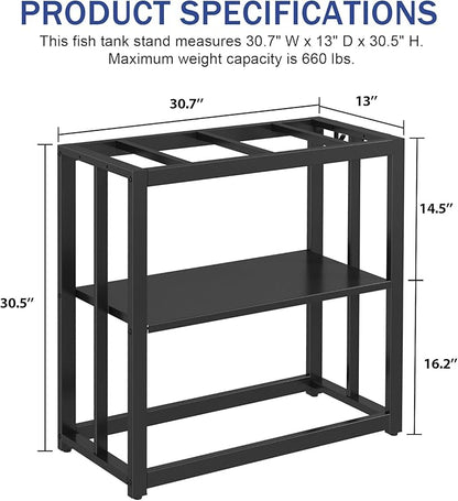 30.7" W x 13" Inch for 20-29 Gallon Long Fish Tank Stand With Storage Shelf, Aquarium Stand With Hooks,Heavy Duty Metal Turtle Reptile Tank Stand, Easy Assemble