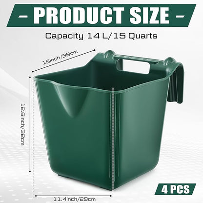 4 Pack 15 Quart Horse Feeders for Stall Hook Over Hanging Fence Hay Feeder Mountable Livestock Plastic Feed Bucket for Farm Stalls Pasture, Stable to Feed Horses Sheep Cattle Cows Etc(Green)