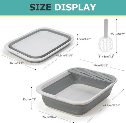 Foldable Cat Litter Box, Large Height-Adjustable Anti-Splash Open Air Kitty Litter Pan, Easy Clean with Scoop (Gray)