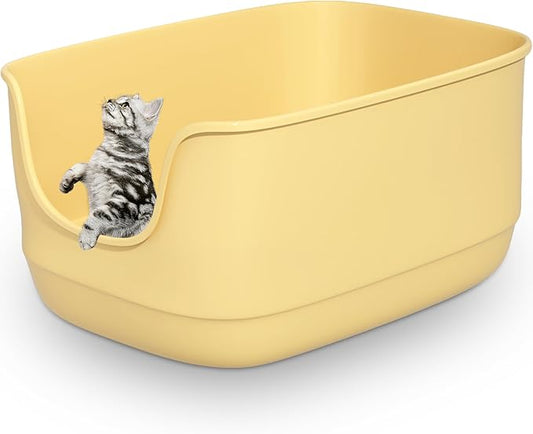 Gefryco Large Cat Litter Box with High Sided 24.6"x18.3"x12.2" - Jumbo Extra Large Open Anti - Splashing High Wall for Multiple Cats (Yellow)
