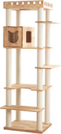 74" Wooden Cat Tree Tower for Large Cats, Multi-Level Cat Climbing Furniture with Scratching Posts, Cat Condo & Hammock, Natural Wood Cat Activity Center (White)