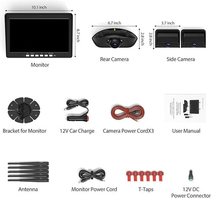 10.1" RV Backup Camera Wireless System Plug and Play, Pre-Wired for Furrion RV Trailer Camper Motorhome, HD 1080P Split-Screen DVR Monitor with 1 Rear View & 2 Side View Cameras, BY503
