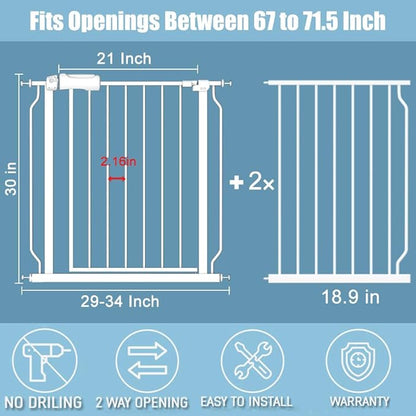 Extra Wide Large Baby Gate 67-71.5 Inch Automatic Close Pet Dog Gates for Stairs Doorways Pressure Mount Child Safety Gate for Walk Through Kids or Pets