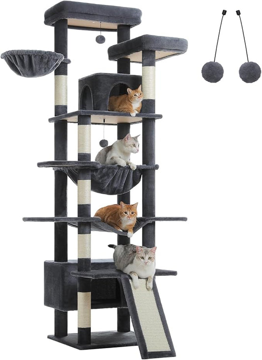 81" Heavy Duty Cat Tree for Large Cats up to 20lbs - Extra Tall Cat Tower with Metal Frame Hammock, 6 Sisal Scratching Posts, 2 Perches - Indoor Cat Furniture for Maine Coon, Dark Gray