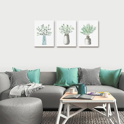 AHUASJART Canvas Wall Art - Paintings for Kitchen, Dining Room, Family Wall Decor - Green Leaf Vase, 3 Piece