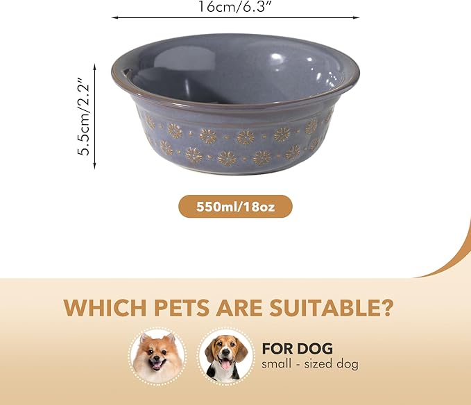 6.3inch Ceramic Set of 2 Dog Bowls, Food and Water Bowls for Small and Medium Dog, 2pcs Basic Dog Bowl, Wide Opening Rounded Edge (2 Bowls, Reactived Glaze -Grey)