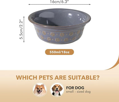 6.3inch Ceramic Set of 2 Dog Bowls, Food and Water Bowls for Small and Medium Dog, 2pcs Basic Dog Bowl, Wide Opening Rounded Edge (2 Bowls, Reactived Glaze -Grey)