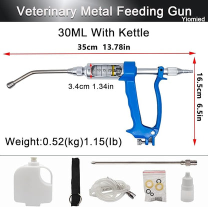 30ML Veterinary Metal Feeding Gun, Continuous Drench Gun Dosing Device Veterinary Adjustable Medicine Dispenser Husbandry Autonomous Feeding Tool, for Pig Cow, Sheep, Horse (Blue, 30ML+Kettle)
