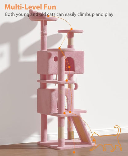 60'' Cat Tree Tower for Indoor Cats Large Adult,Cute/Tall Modern Cat Tree for Big Cats 20 lbs, Plush Multi-Level Cat Condo with Scratching Posts,Dangling for Fun Play (Soft Pink, 60 inch)