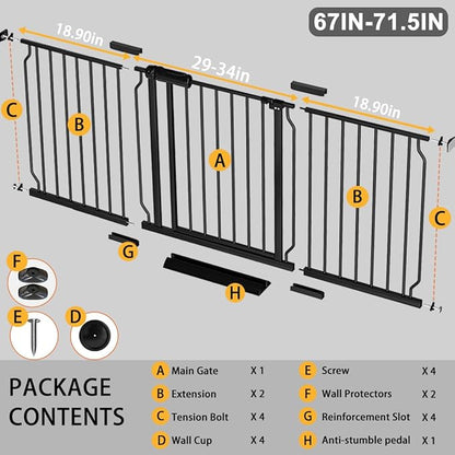 Fairy Baby Extra Wide Baby Gate Black 67-71.5 Inch Wide, Walk Through Pressure Mounted No Drill, Long and Large Tension Gate for Pet and Kids