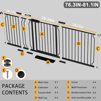 Fairy Baby Extra Wide Baby Gate 76.3-81.1 Inch Wide, Walk Through Pressure Mounted No Drill, Long and Large Tension Gate for Pet and Kids