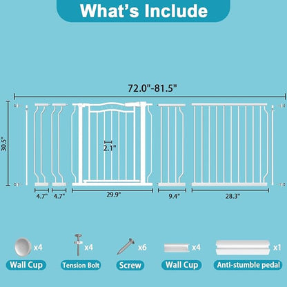 Extra Wide Dog Gate for Doorways 72-81.5 in, Walk Through Long Baby Gates for Large Openings, No Drill Child Safety Gate for Pets Kids Toddler, Doggy Barrier Indoor Metal, 30" Tall White