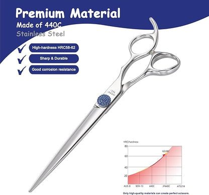 7'' Dog Grooming Scissors CNC 440C Blades Sharp and Durable Polished Straight Dog Shears with Blue Diamond Adustable Screws Easy to Use for Groomer and Home User