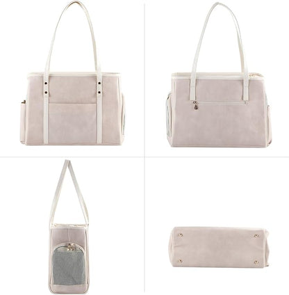 Fashion Dog Carrier Purse, Premium Leather Cat Carrier Bag, Airline Approved Soft Sided Pet Travel Tote Bag with Pockets Beige