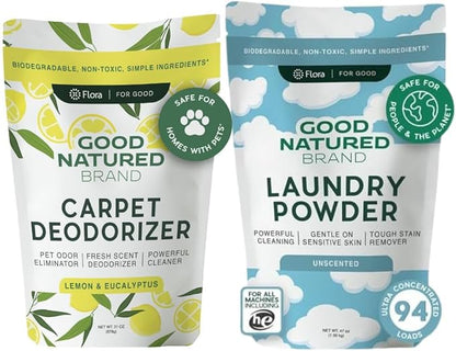 Good Natured Brand | Laundry Bundle | Carpet Freshener Lemon & Eucalyptus 31oz | Pet-Friendly Carpet Deodorizer | Laundry Powder Unscented 47oz | Hypoallergenic Laundry Powder 94 Loads