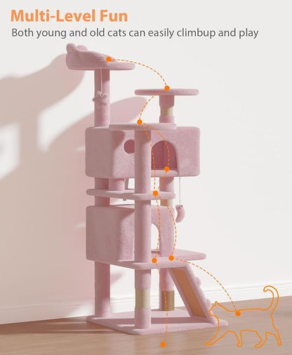 54" Cat tree Tower for Indoor Cats Large Adult,Cute/Tall Modern Cat Tree for Big Cats 20 lbs,Plush Multi-Level Cat Condo with Scratching Posts, Dangling Ball for fun play (Soft Pink, 54 inch)