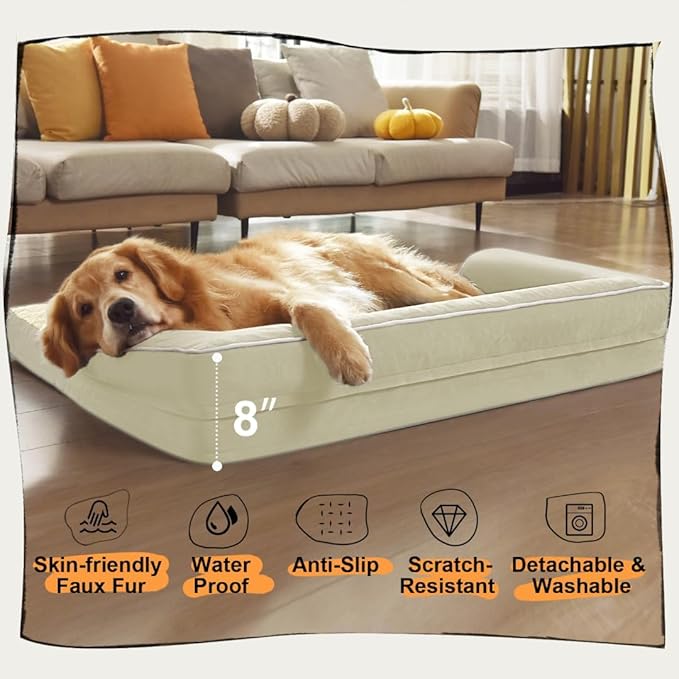 Extra Large Dog Bed-Orthopedic Waterproof XL Dog Bed for XLarge Extra Big Dogs - Foam Couch Sofa Washable with Removable Cover-Beige