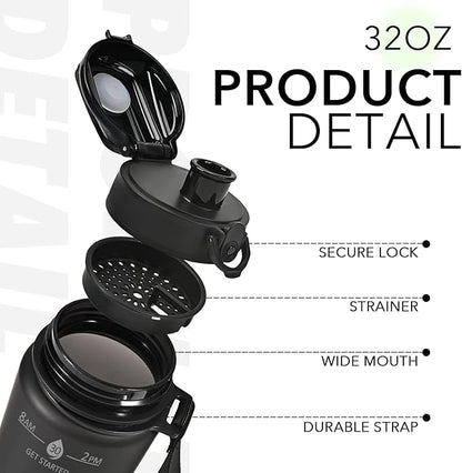 32oz Motivational Water Bottles with Time Marker & Fruit Strainer, Transparent Gradient Color Water Bottle with Times to Drink, Leakproof & BPA Free, Reusable Bottle with Strap (No Straw)