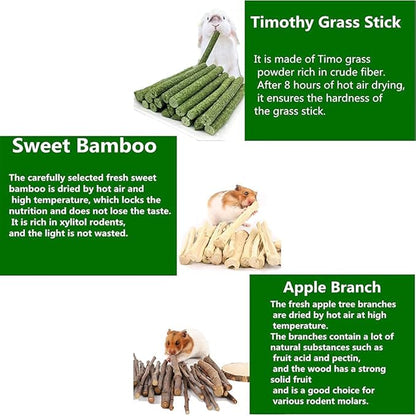 150g 3 Types of Combined Chew Toys Molar Sticks Sweet Bamboo Apple Branch Timothy Grass for Pets Chinchilla Squirrel Gerbil Hamster Squirrel Guinea Pigs