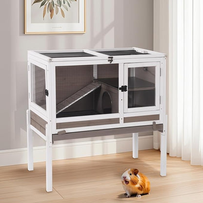 Aivituvin 2-Story Rabbit Hutch with Anti-Chew Ramp & Zinc Sheet - 36.6" Indoor Guinea Pig Cage, Wooden Stand, Pull-Out Tray & Leakproof Floor (Brown)