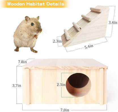 Fhiny Wooden Hamster Hideout for Small Animal, Gerbils Chamber Hut with Ladder Habitats Decor, Maze Climbing Toys for Dwarf Syrian Hamsters Mice and Other Small Pets