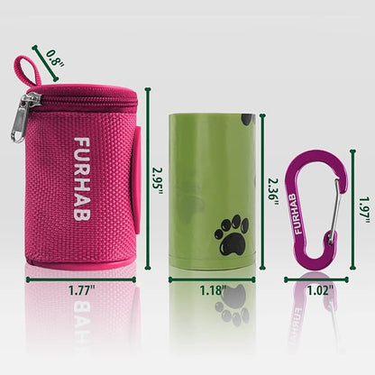 Dog Poop Bag Holder for Leash Doggie Waste Bag Dispenser Soft Fabric Puppy Potty Carrier Small Doggy Zipper Pouch with Carabiner Clip 1680D Nylon Oxford with 1 Roll of Pet Trash Bags, Rose Red