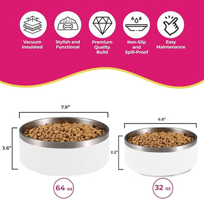 64 oz White Dog Bowl for Medium and Large Dogs, Non Slip Double Wall Vacuum Insulated Stainless Steel Dog Bowl That Keeps Water Cool (64 oz, White)