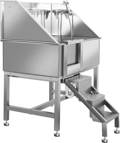 38" Dog Bathing Station, Professional Dog Washing Station Stainless Steel Dog Grooming Tub for Home,Equipped with Three Anti-Slip Steps, Removable Door, Pet Wash Station for Pet,L-RAMP
