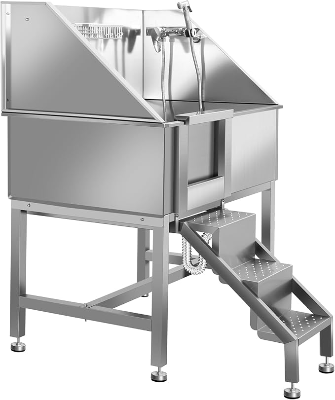 38" Dog Washing Station, Professional Stainless Steel Dog Bathing Station, Equipped with Three Anti-Slip Steps, Removable Door, Upgraded Spray Nozzle&Hose - Ideal for Home, Pet Grooming Salon,L-RAMP