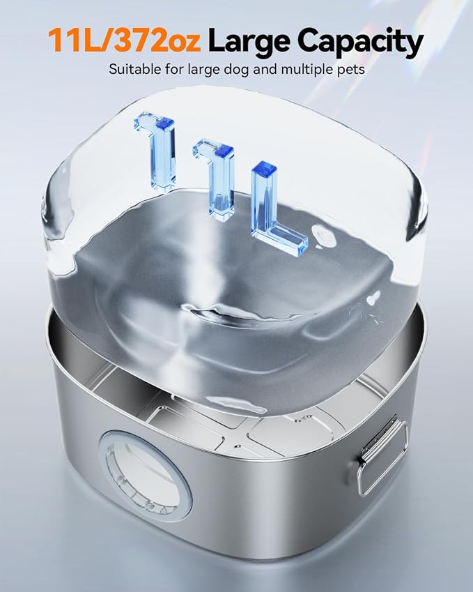 Dog Water Fountain Stainless Steel, 11L/2.8Gal Large Pet Water Fountain for Large Dogs Inside, Dog Fountain Water Bowl Automatic Dispenser with Visible Window & LED, Ultra Quiet (with 8pcs Filters)
