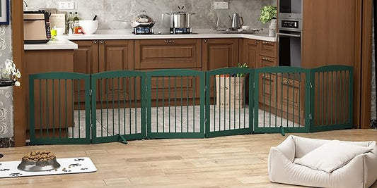 Freestanding Pet Gate for Dogs, Foldable Wooden Dog Gate for House, Extra Wide Indoor Pet Barrier for Stair, Doorway, Hall, Support Feet Included, 120 Inch Wide, 6 Panels 24",Green