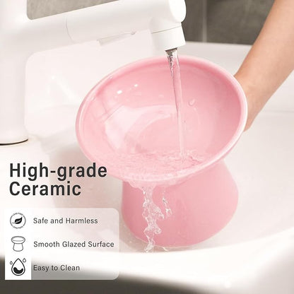 Extra Wide Elevated Ceramic Cat Bowl, 6.2" Shallow Dish for Whisker Fatigue Relief, 5" Height for Easy Feeding, Durable Raised Cat Food Bowls, Pack of 2, Pink